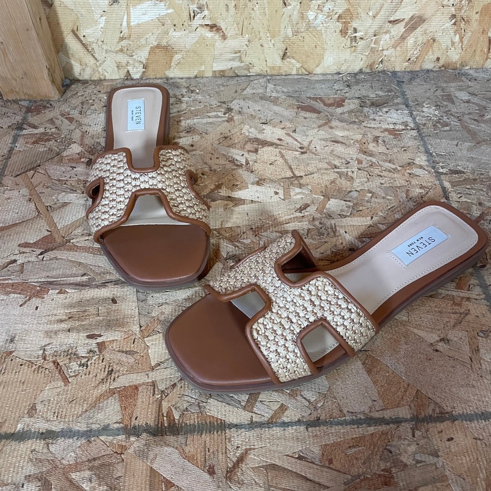 Steven New York Harlien Sandals Womens 9 Brown Woven Raffia H-Band Slides
